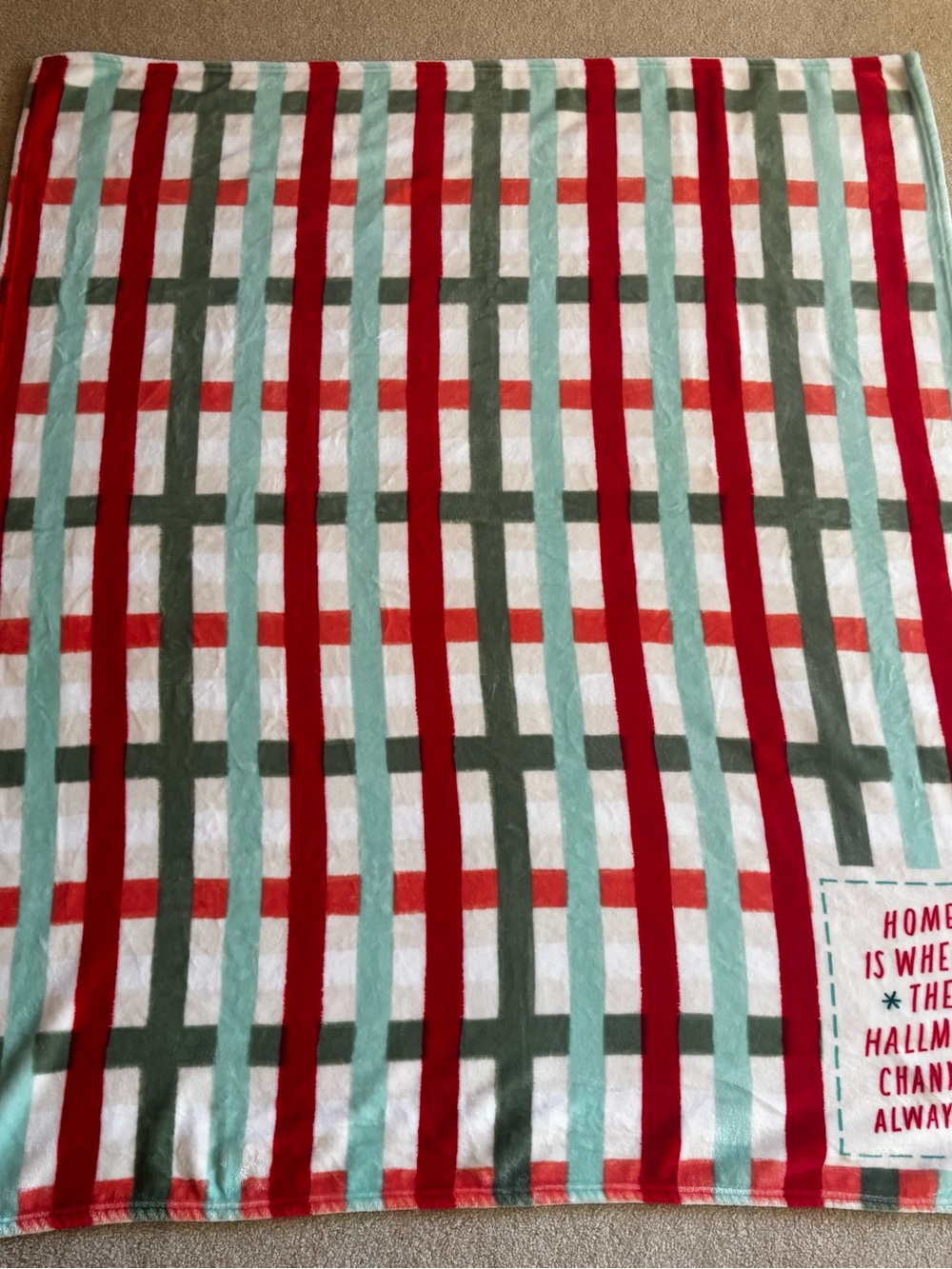 Hallmark Plaid Fleece Throw in Red, Sage Green, Light Teal & Cream